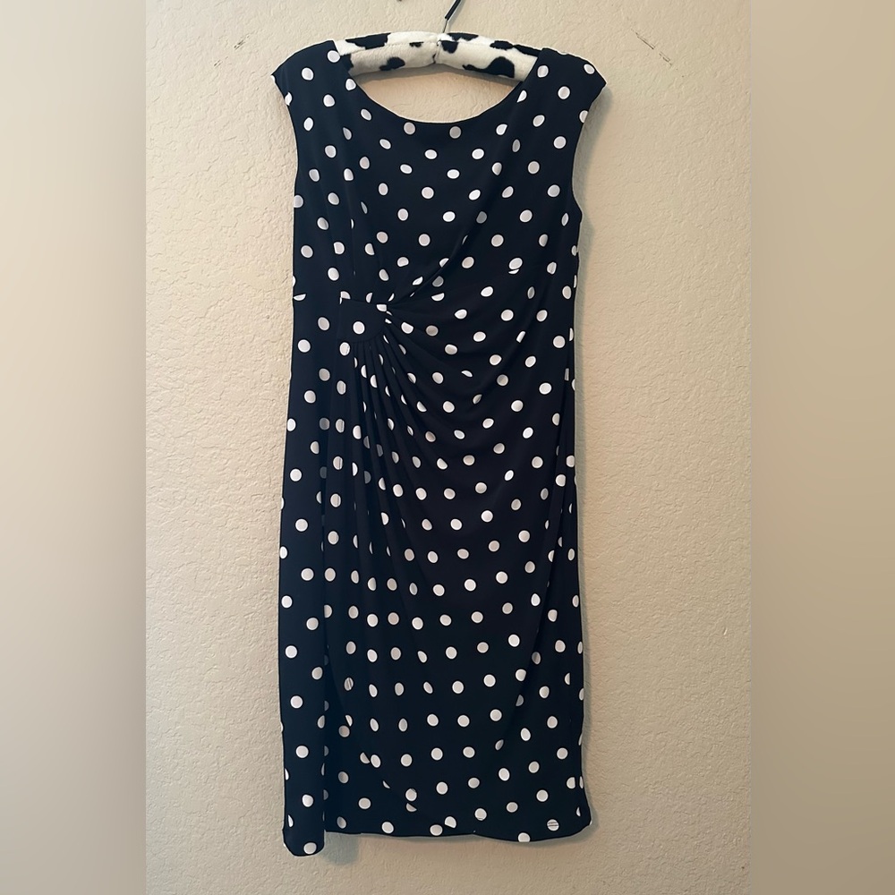 Black and White Polka Dot Dress- Capped Sleeve- Feminine and Flattering! Size 8